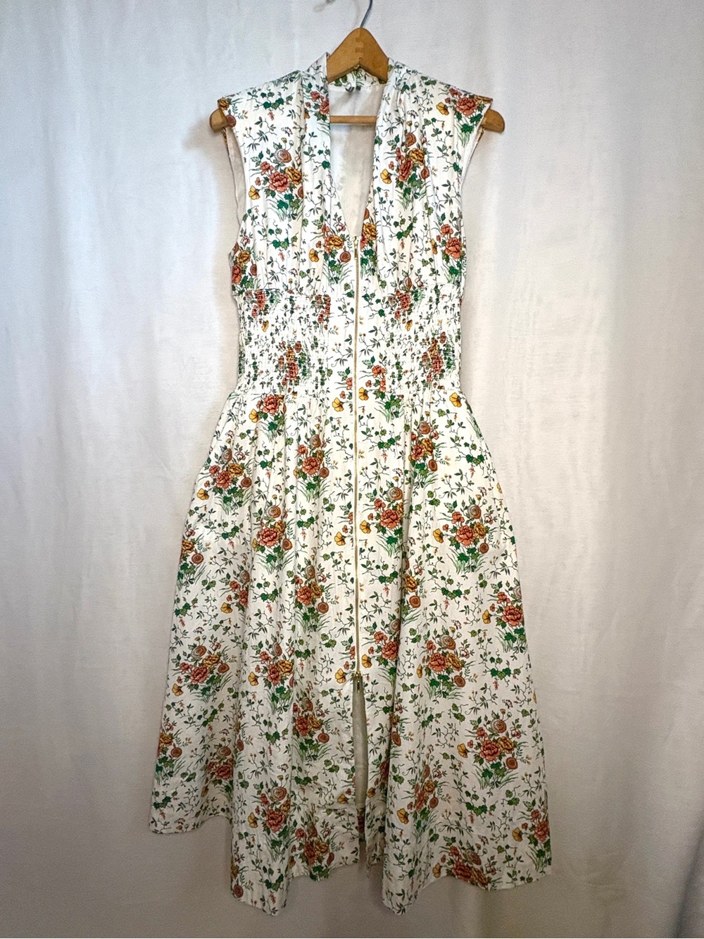 Anthropologie Maeve Tommie Zip-Front Smocked Midi Dress Cream With Floral Print